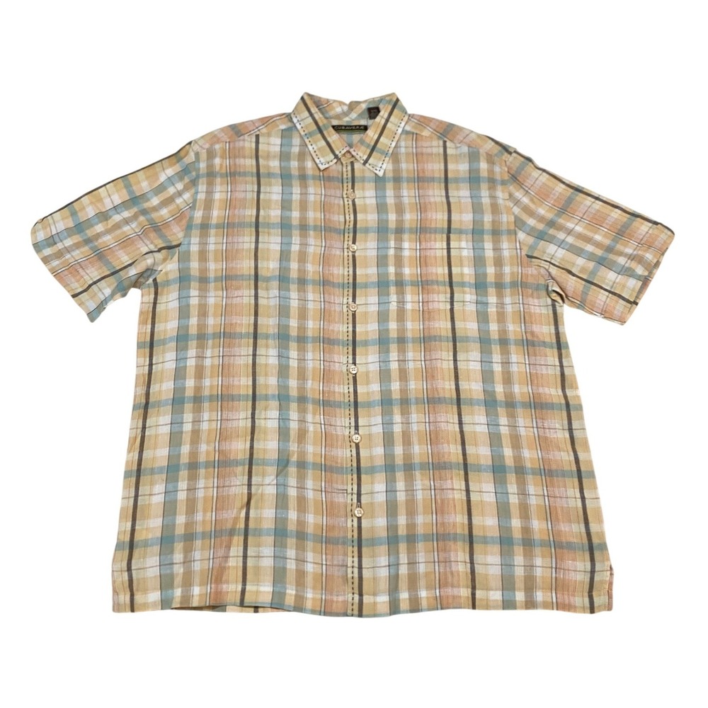 Cubavera Mens XXL 100% Linen Plaid Short Sleeve Button Down Shirt Orange Blue
